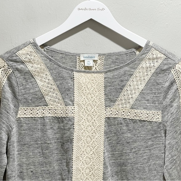 SUNDANCE CATALOG Women’s Gray Linen Crochet Lace Detail JUSTINE Tee Sz Petite S - Picture 3 of 8